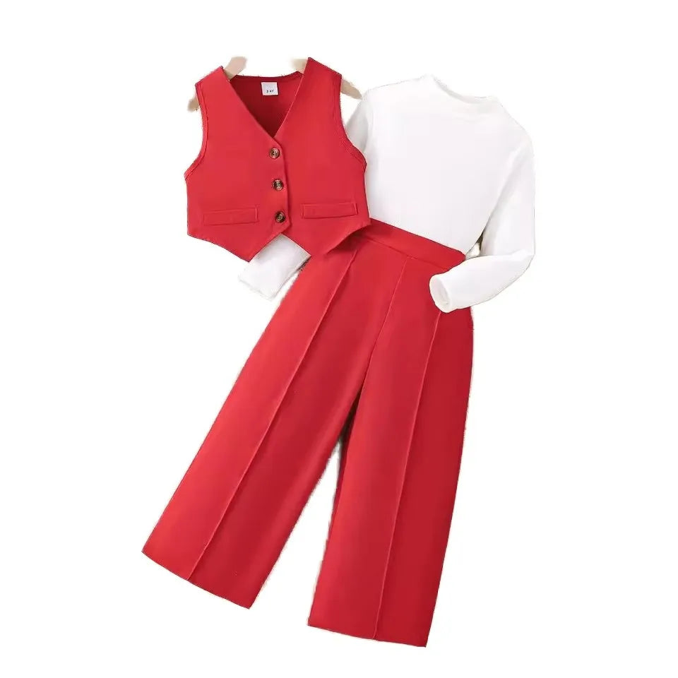 3y-10Y Autumn Girls' Three-Piece Set Elegant British Style Performance Suit with Stylish Base Shirt and Breathable Vest Trousers