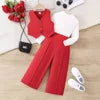 3y-10Y Autumn Girls' Three-Piece Set Elegant British Style Performance Suit with Stylish Base Shirt and Breathable Vest Trousers