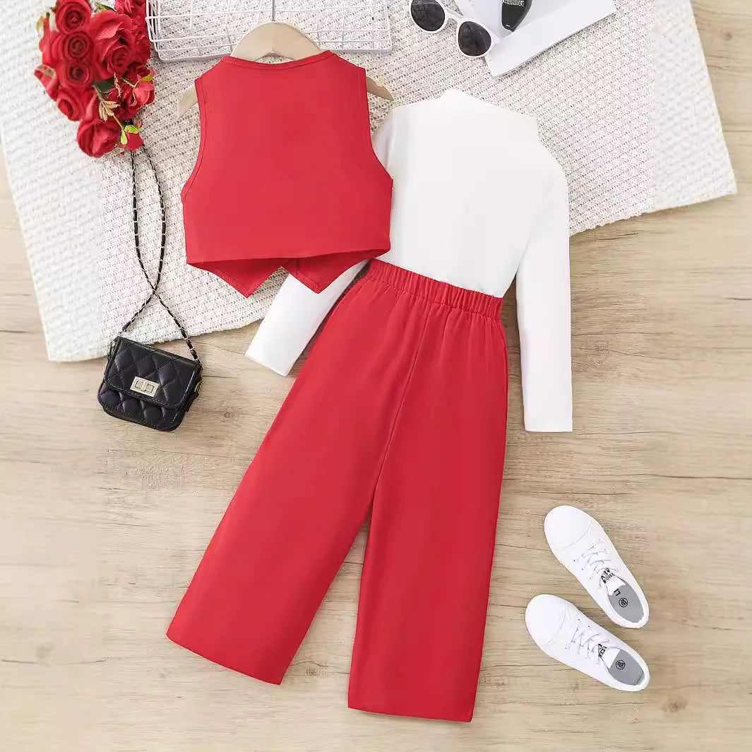 3y-10Y Autumn Girls' Three-Piece Set Elegant British Style Performance Suit with Stylish Base Shirt and Breathable Vest Trousers