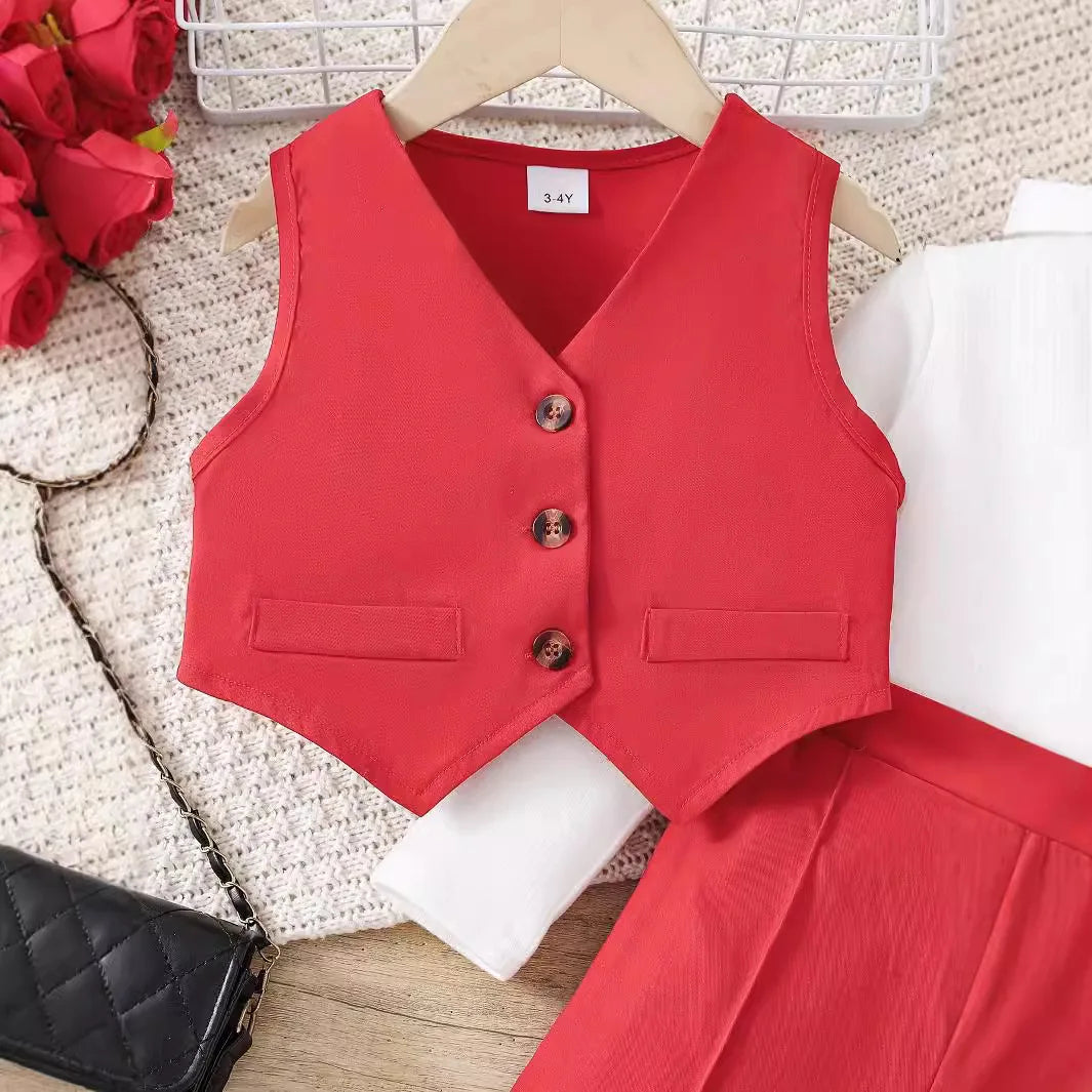 3y-10Y Autumn Girls' Three-Piece Set Elegant British Style Performance Suit with Stylish Base Shirt and Breathable Vest Trousers