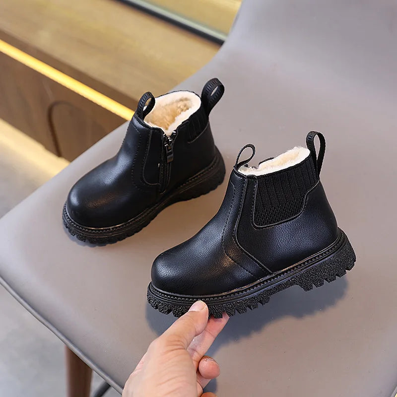 2025 Autumn Winter Kid Boys Girls Casual Ankle Boots Comfortable Simple Side Zipper Leather Boots Velvet Warm Non-Slip Boots