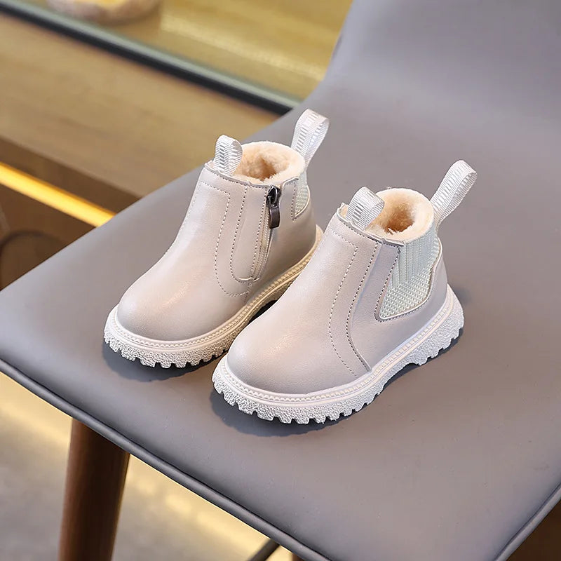 2025 Autumn Winter Kid Boys Girls Casual Ankle Boots Comfortable Simple Side Zipper Leather Boots Velvet Warm Non-Slip Boots