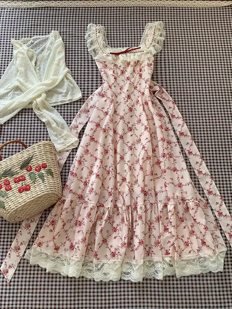 Summer Lovely Sweet Lace Print 2-piece Set Dress Women Design Chic Sling Pretty Dresses Casual Elegant New Knit Cardigan 2025