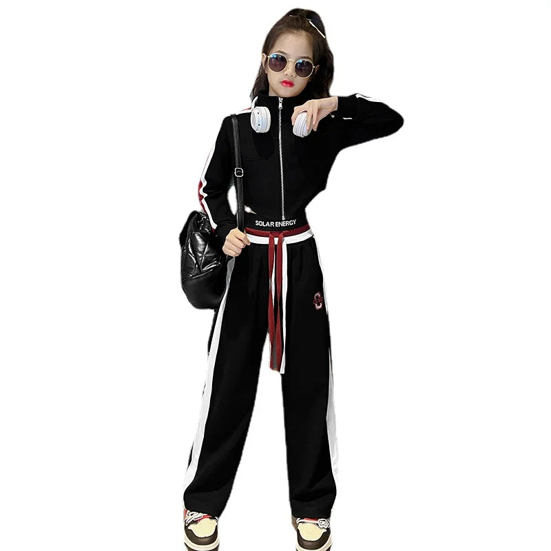 Childrens teenager girls Clothing Set Casual Sportwear Striped Short Top+Wide leg Pant 2pcs Girls Elastic Waist Trousers 4-15