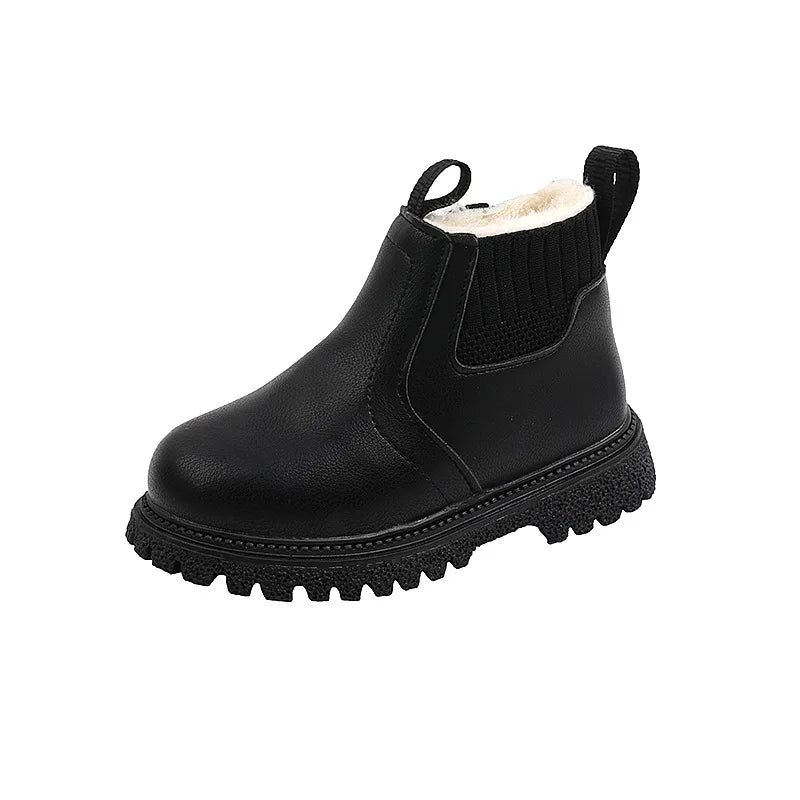 2025 Autumn Winter Kid Boys Girls Casual Ankle Boots Comfortable Simple Side Zipper Leather Boots Velvet Warm Non-Slip Boots