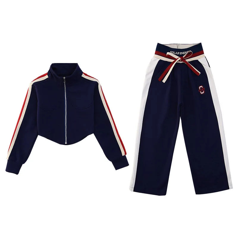 Childrens teenager girls Clothing Set Casual Sportwear Striped Short Top+Wide leg Pant 2pcs Girls Elastic Waist Trousers 4-15