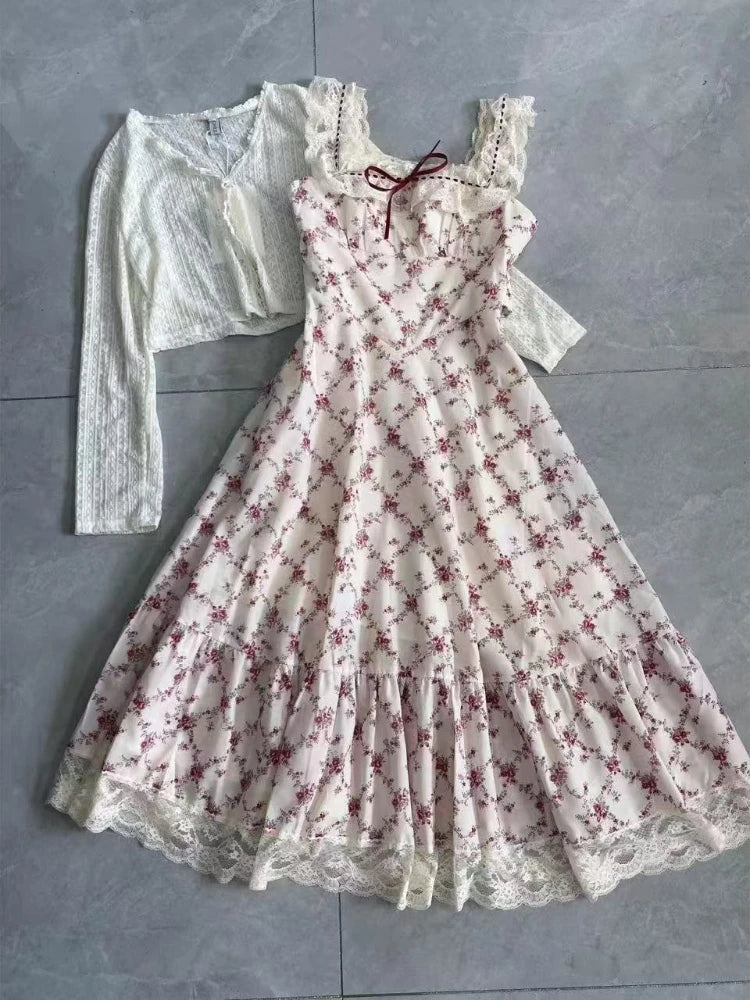 Summer Lovely Sweet Lace Print 2-piece Set Dress Women Design Chic Sling Pretty Dresses Casual Elegant New Knit Cardigan 2025