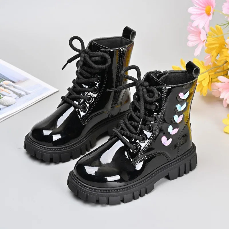 Kids Short Boots Korean Style Versatile Children Leather Boots Fashion Side Zipper 2025 Autumn New Girls Princess Boots Soft