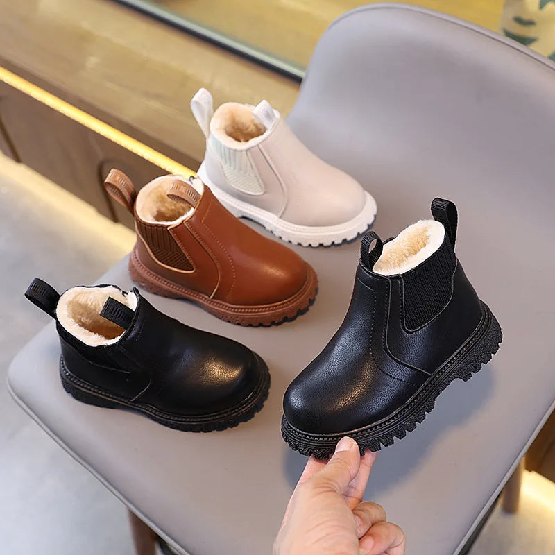 2025 Autumn Winter Kid Boys Girls Casual Ankle Boots Comfortable Simple Side Zipper Leather Boots Velvet Warm Non-Slip Boots