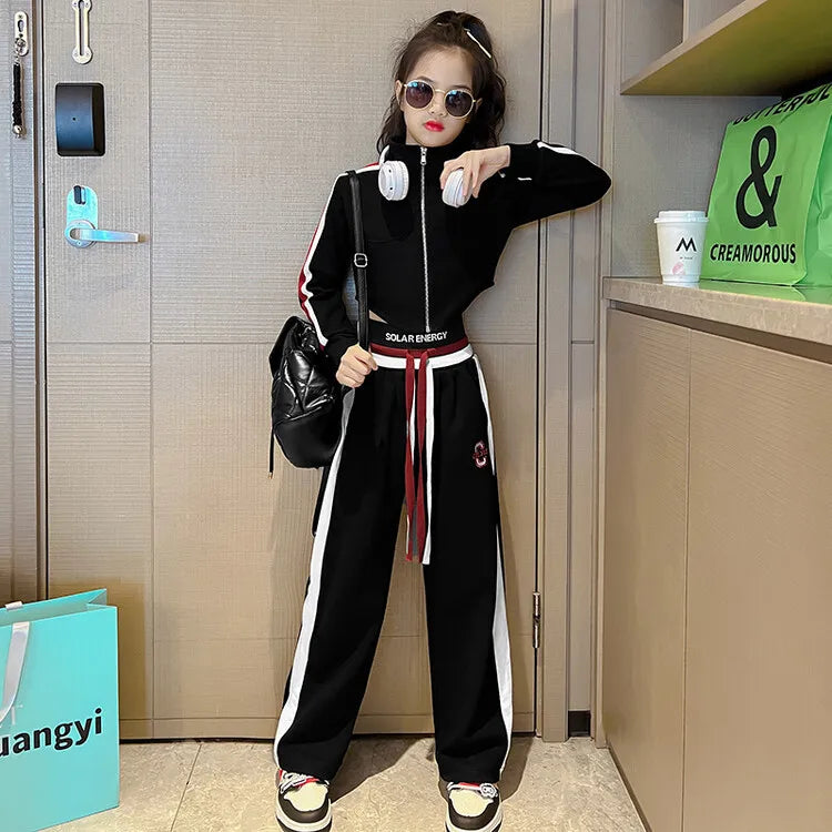 Childrens teenager girls Clothing Set Casual Sportwear Striped Short Top+Wide leg Pant 2pcs Girls Elastic Waist Trousers 4-15