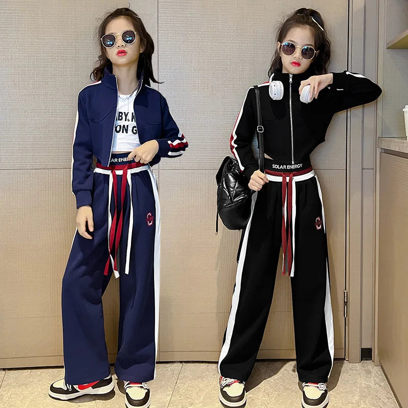 Childrens teenager girls Clothing Set Casual Sportwear Striped Short Top+Wide leg Pant 2pcs Girls Elastic Waist Trousers 4-15