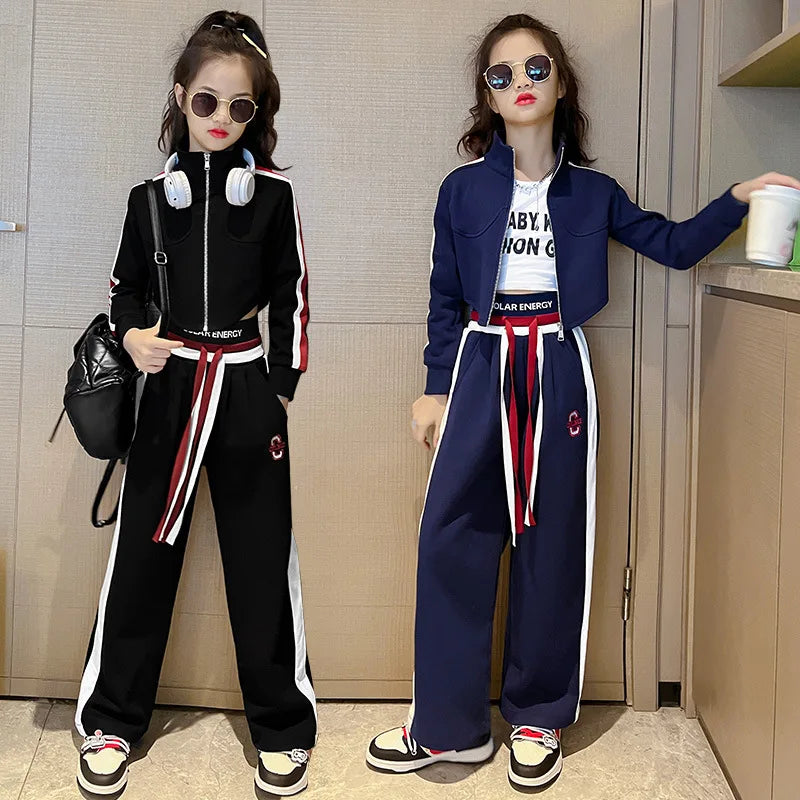 Childrens teenager girls Clothing Set Casual Sportwear Striped Short Top+Wide leg Pant 2pcs Girls Elastic Waist Trousers 4-15
