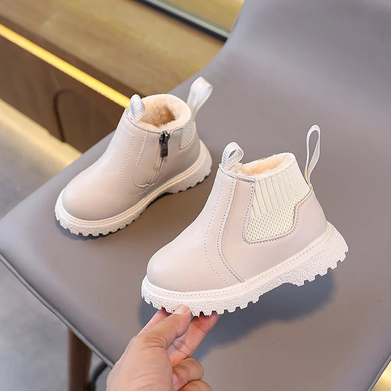2025 Autumn Winter Kid Boys Girls Casual Ankle Boots Comfortable Simple Side Zipper Leather Boots Velvet Warm Non-Slip Boots