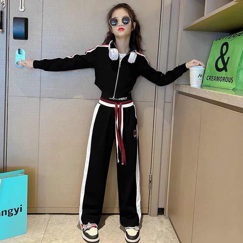 Childrens teenager girls Clothing Set Casual Sportwear Striped Short Top+Wide leg Pant 2pcs Girls Elastic Waist Trousers 4-15