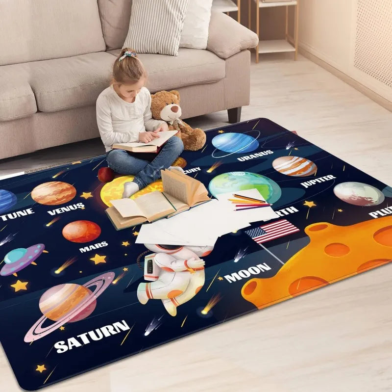 Outer Space Kids Rug for Playroom Solar System Educational Rug Kids Floor Mat Kids Rug Play Carpet for Children Playroom