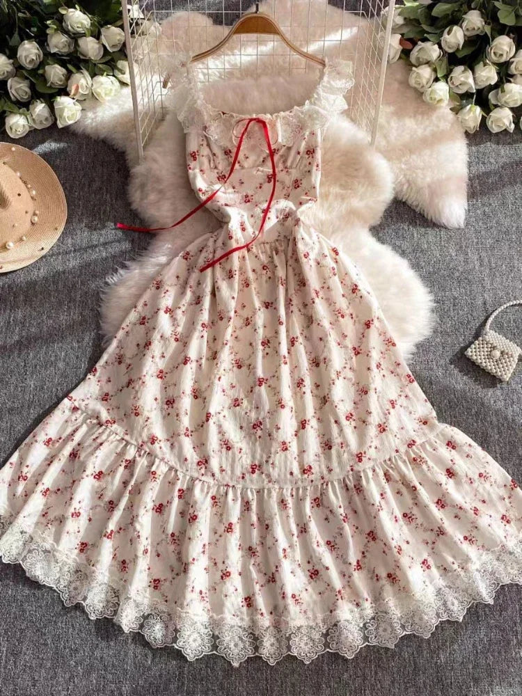 Summer Lovely Sweet Lace Print 2-piece Set Dress Women Design Chic Sling Pretty Dresses Casual Elegant New Knit Cardigan 2025