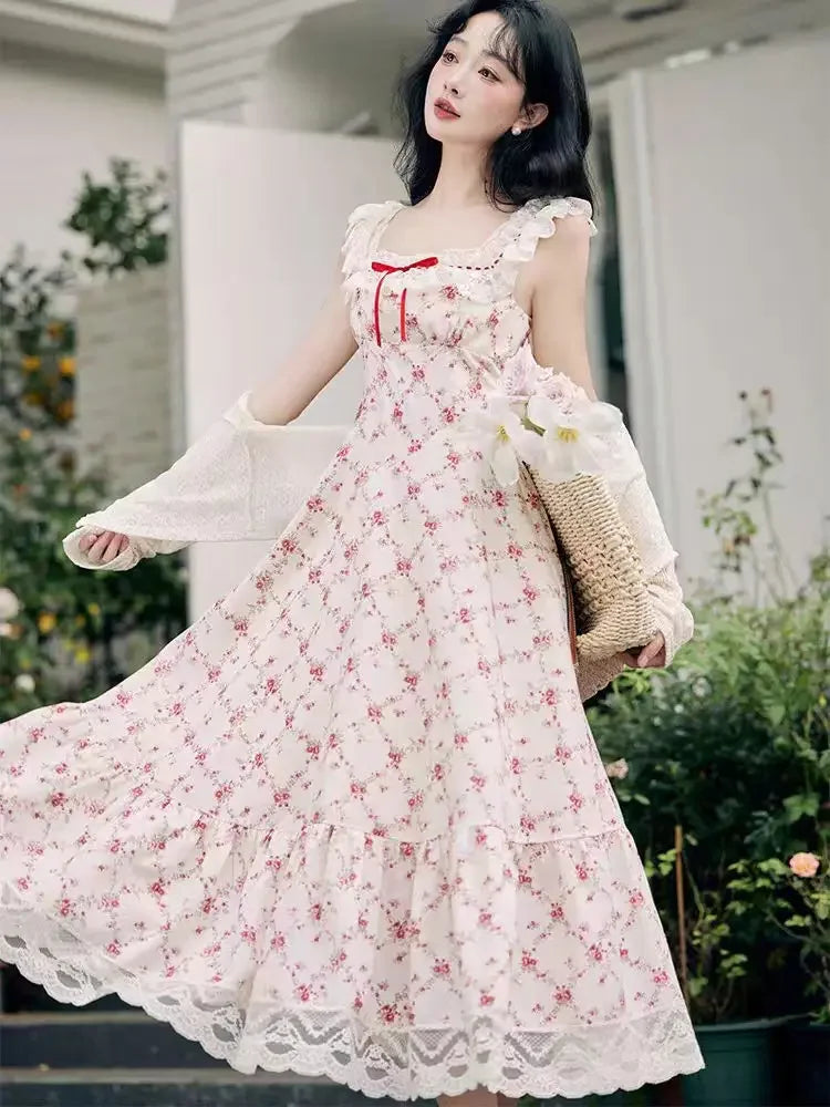 Summer Lovely Sweet Lace Print 2-piece Set Dress Women Design Chic Sling Pretty Dresses Casual Elegant New Knit Cardigan 2025