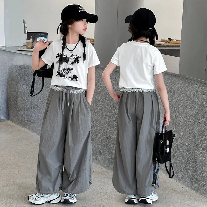 Teenager Girls Clothing Sets Summer Kids Fashion Short Sleeve T-shirt And Pants Two Piece Suit Children Outfits Tracksuit 5-14T