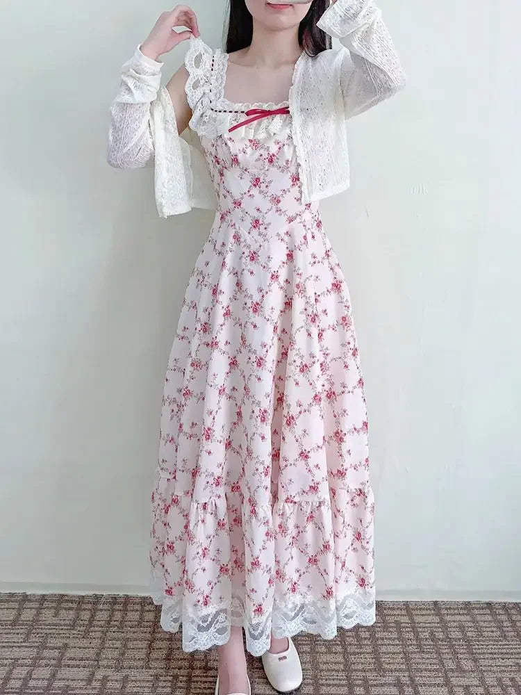 Summer Lovely Sweet Lace Print 2-piece Set Dress Women Design Chic Sling Pretty Dresses Casual Elegant New Knit Cardigan 2025