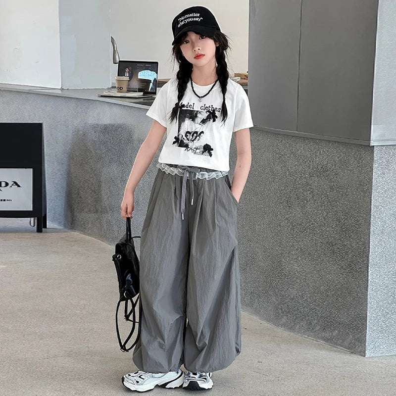 Teenager Girls Clothing Sets Summer Kids Fashion Short Sleeve T-shirt And Pants Two Piece Suit Children Outfits Tracksuit 5-14T