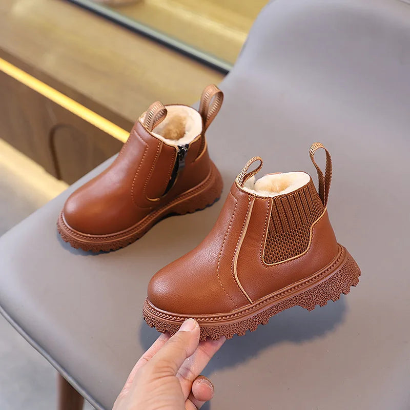 2025 Autumn Winter Kid Boys Girls Casual Ankle Boots Comfortable Simple Side Zipper Leather Boots Velvet Warm Non-Slip Boots