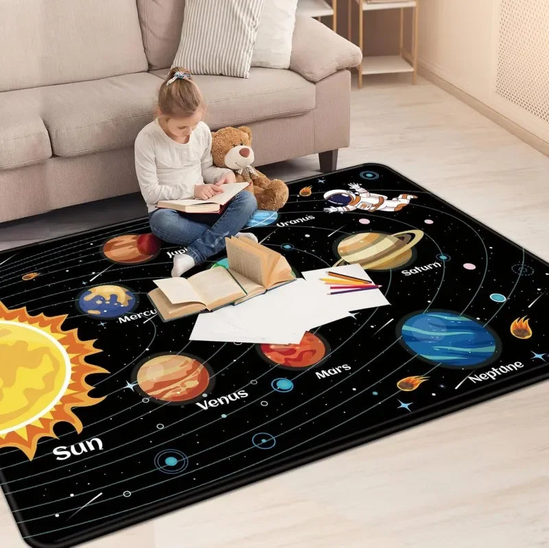 Outer Space Kids Rug for Playroom Solar System Educational Rug Kids Floor Mat Kids Rug Play Carpet for Children Playroom