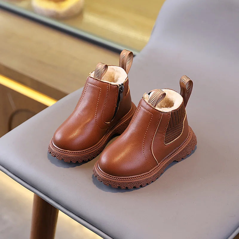 2025 Autumn Winter Kid Boys Girls Casual Ankle Boots Comfortable Simple Side Zipper Leather Boots Velvet Warm Non-Slip Boots