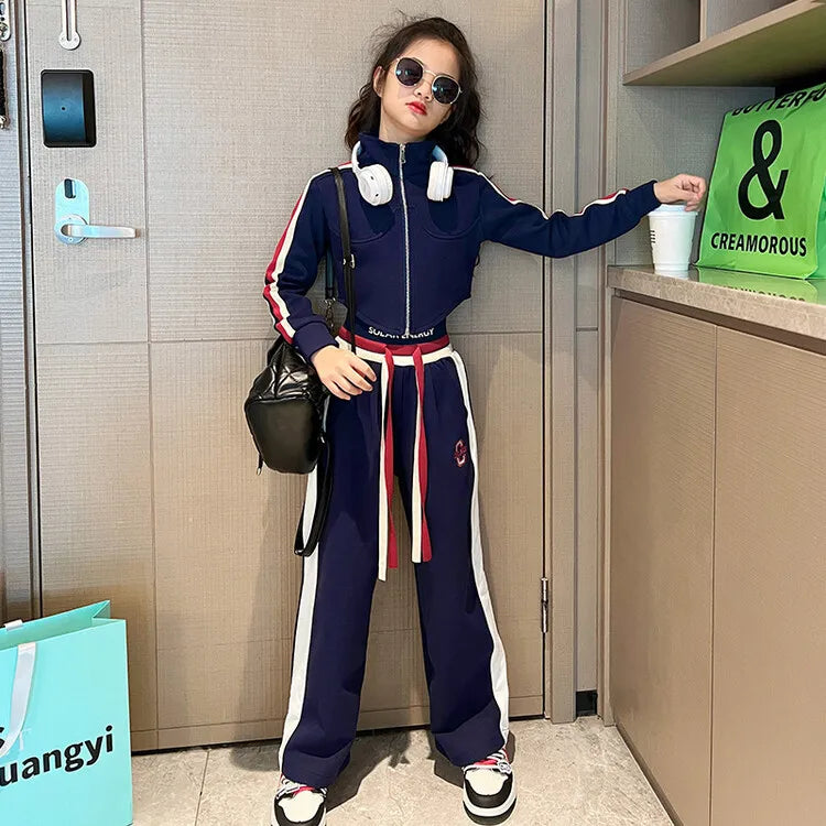 Childrens teenager girls Clothing Set Casual Sportwear Striped Short Top+Wide leg Pant 2pcs Girls Elastic Waist Trousers 4-15