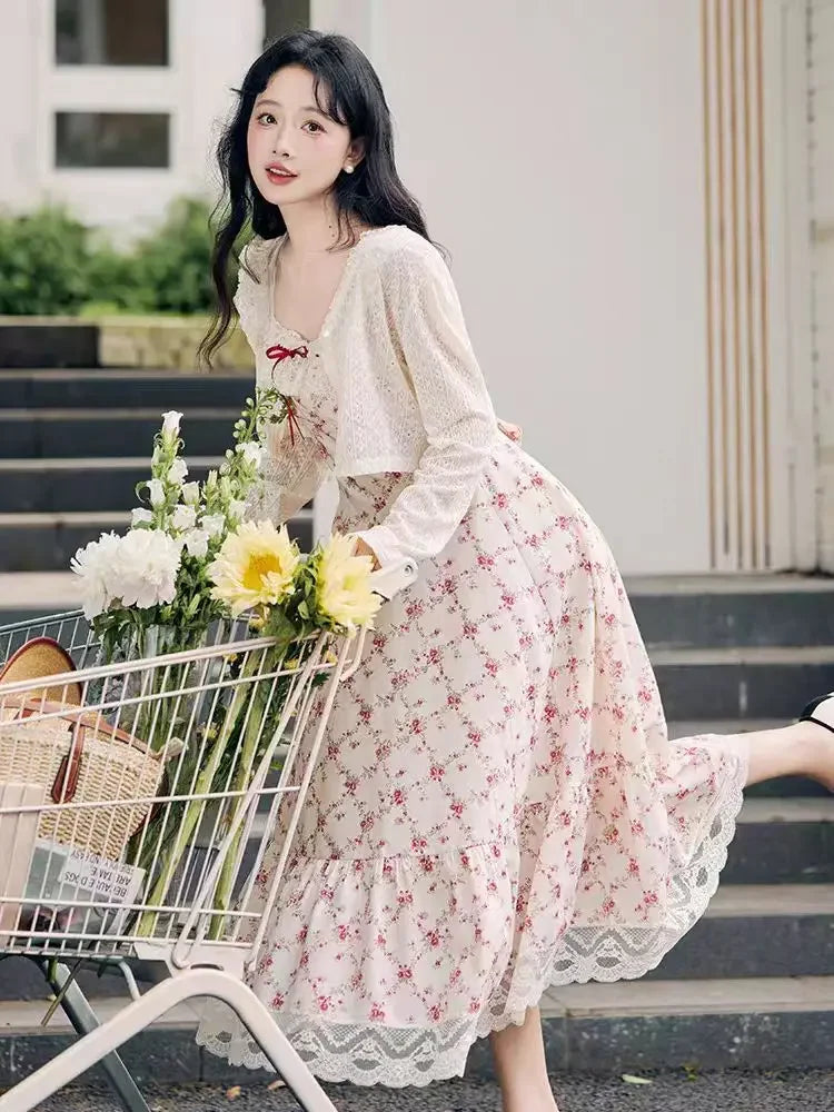 Summer Lovely Sweet Lace Print 2-piece Set Dress Women Design Chic Sling Pretty Dresses Casual Elegant New Knit Cardigan 2025